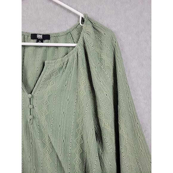 Frye Green Striped Textured LS V Neck Peasant Boho Blouse Women's XL - Picture 4 of 12